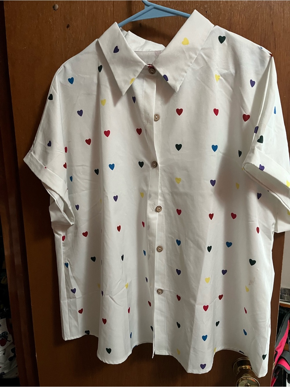 White Button-Up Shirt with Multicolor Heart Print